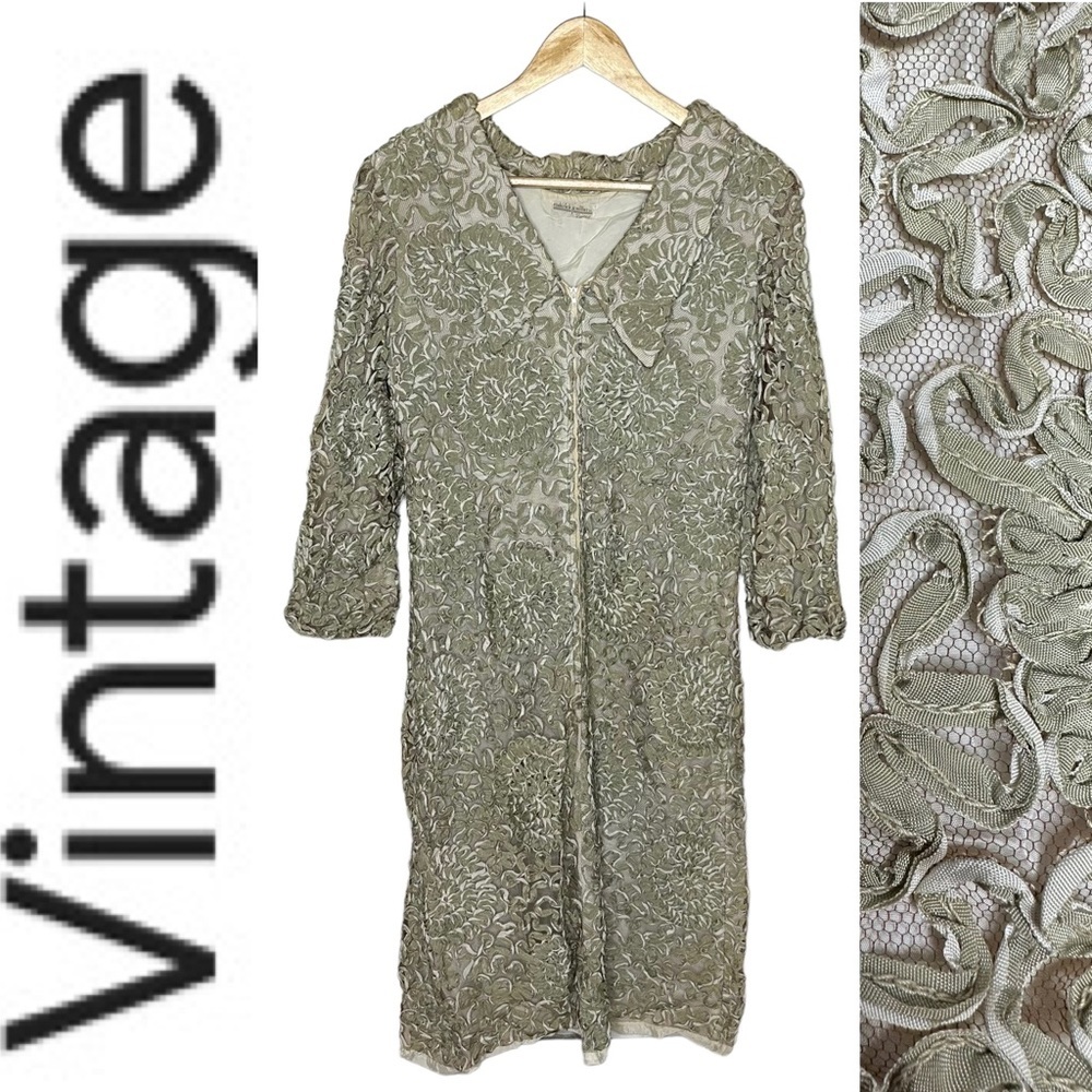 Vintage Early 70’s Sage Green Netting Embroidered Ribbon Shift Dress